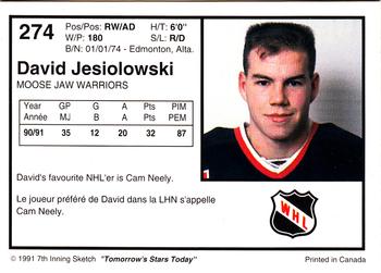 1991-92 7th Inning Sketch WHL #274 David Jesiolowski Back