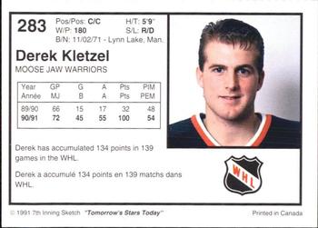 1991-92 7th Inning Sketch WHL #283 Derek Kletzel Back
