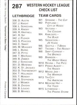 1991-92 7th Inning Sketch WHL #287 Checklist 288-360 Back