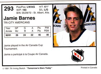 1991-92 7th Inning Sketch WHL #293 Jamie Barnes Back