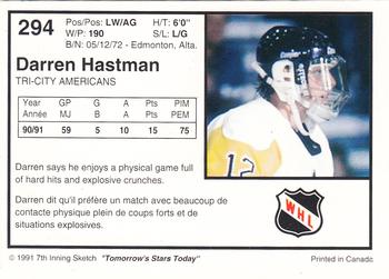 1991-92 7th Inning Sketch WHL #294 Darren Hastman Back