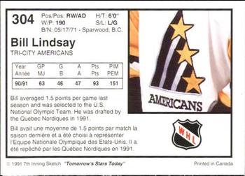 1991-92 7th Inning Sketch WHL #304 Bill Lindsay Back