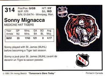 1991-92 7th Inning Sketch WHL #314 Sonny Mignacca Back