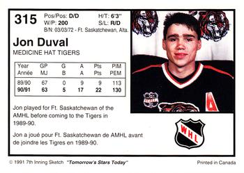 1991-92 7th Inning Sketch WHL #315 Jon Duval Back