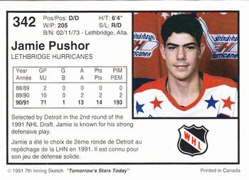 1991-92 7th Inning Sketch WHL #342 Jamie Pushor Back