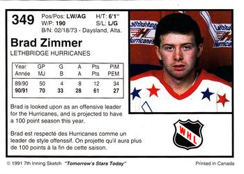 1991-92 7th Inning Sketch WHL #349 Brad Zimmer Back