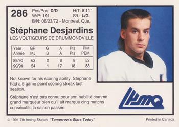 1991-92 7th Inning Sketch LHJMQ #286 Stephane Desjardins Back