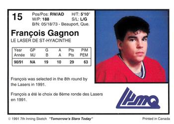 1991-92 7th Inning Sketch LHJMQ #15 Francois Gagnon Back