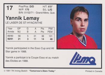 1991-92 7th Inning Sketch LHJMQ #17 Yannik Lemay Back