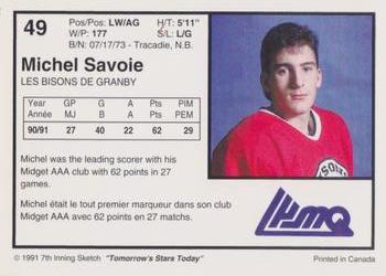 1991-92 7th Inning Sketch LHJMQ #49 Michel Savoie Back