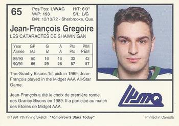 1991-92 7th Inning Sketch LHJMQ #65 Jean-Francois Gregoire Back