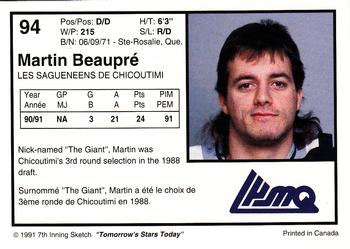 1991-92 7th Inning Sketch LHJMQ #94 Martin Beaupre Back