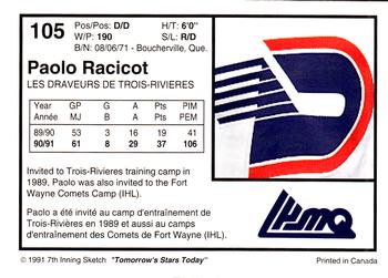 1991-92 7th Inning Sketch LHJMQ #105 Paolo Racicot Back