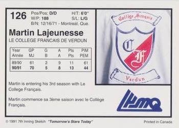 1991-92 7th Inning Sketch LHJMQ #126 Martin Lajeunesse Back