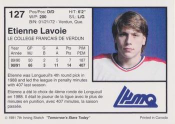 1991-92 7th Inning Sketch LHJMQ #127 Etienne Lavoie Back