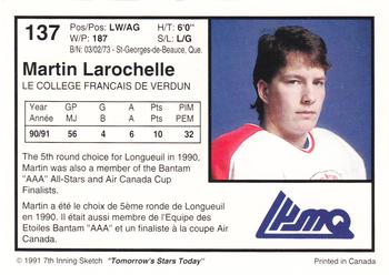 1991-92 7th Inning Sketch LHJMQ #137 Martin Larochelle Back
