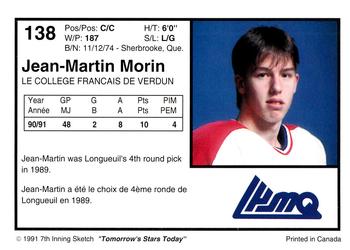 1991-92 7th Inning Sketch LHJMQ #138 Jean-Martin Morin Back