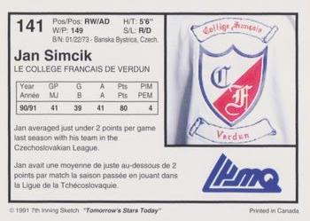 1991-92 7th Inning Sketch LHJMQ #141 Jan Simcik Back