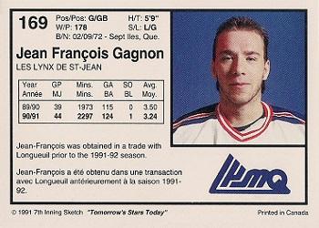 1991-92 7th Inning Sketch LHJMQ #169 Jean-Francois Gagnon Back