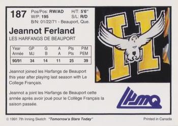 1991-92 7th Inning Sketch LHJMQ #187 Jeanot Ferland Back