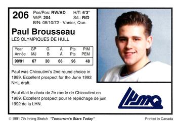 1991-92 7th Inning Sketch LHJMQ #206 Paul Brousseau Back
