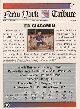 1991-92 Ultimate Original 6 French #20 Ed Giacomin  Back