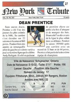 1991-92 Ultimate Original 6 French #27 Dean Prentice  Back