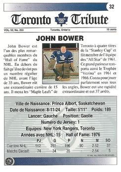 1991-92 Ultimate Original 6 French #32 Johnny Bower  Back