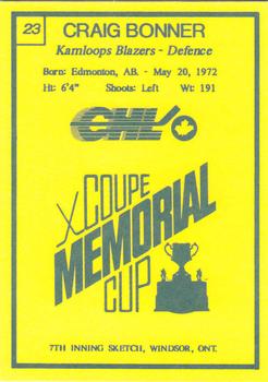 1990 7th Inning Sketch Memorial Cup (CHL) #23 Craig Bonner Back