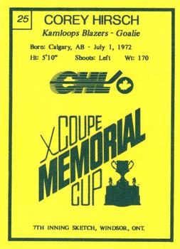 1990 7th Inning Sketch Memorial Cup (CHL) #25 Corey Hirsch Back
