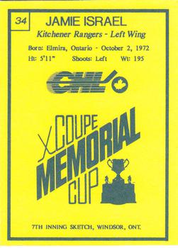 1990 7th Inning Sketch Memorial Cup (CHL) #34 Jamie Israel Back