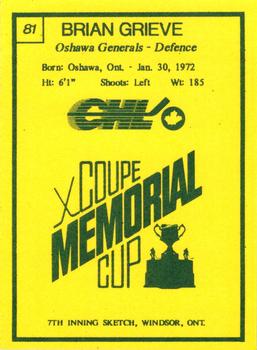 1990 7th Inning Sketch Memorial Cup (CHL) #81 Brian Grieve Back