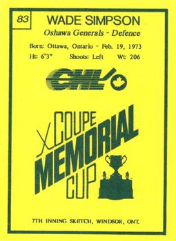 1990 7th Inning Sketch Memorial Cup (CHL) #83 Wade Simpson Back