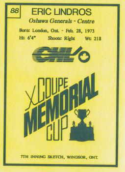 1990 7th Inning Sketch Memorial Cup (CHL) #88 Eric Lindros Back