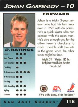 1994 EA Sports NHL '94 #118 Johan Garpenlov Back