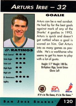 1994 EA Sports NHL '94 #120 Arturs Irbe Back