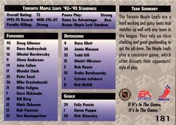 1994 EA Sports NHL '94 #181 Toronto Maple Leafs Back
