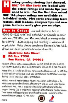 1994 EA Sports NHL '94 #NNO NHL '94 Hint Cards Ad Back