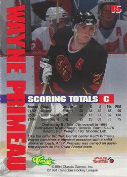 1994-95 Classic #15 Wayne Primeau Back
