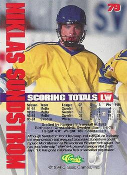 1994-95 Classic #79 Niklas Sundstrom Back