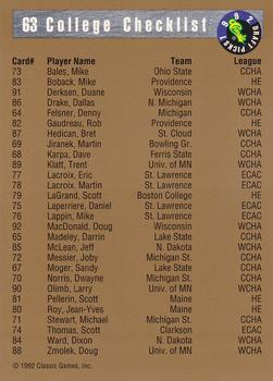 1992 Classic Draft Picks #63 Denny Felsner Back