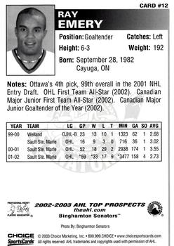 2002-03 Choice AHL Top Prospects #12 Ray Emery Back
