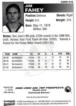 2002-03 Choice AHL Top Prospects #15 Jim Fahey Back