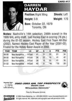 2002-03 Choice AHL Top Prospects #17 Darren Haydar Back