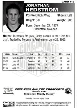 2002-03 Choice AHL Top Prospects #18 Jonathan Hedstrom Back