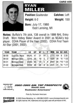2002-03 Choice AHL Top Prospects #29 Ryan Miller Back