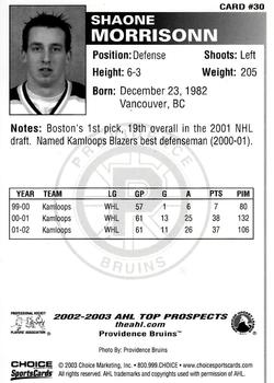 2002-03 Choice AHL Top Prospects #30 Shaone Morrisonn Back