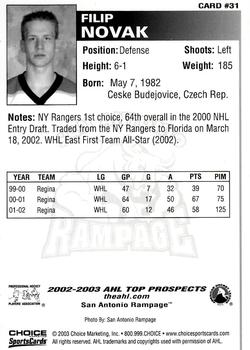 2002-03 Choice AHL Top Prospects #31 Filip Novak Back