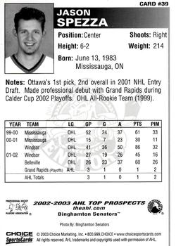 2002-03 Choice AHL Top Prospects #39 Jason Spezza Back