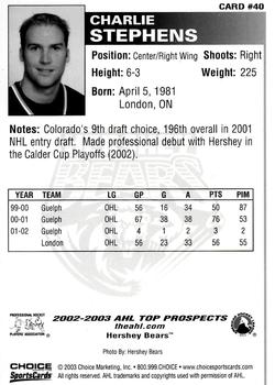 2002-03 Choice AHL Top Prospects #40 Charlie Stephens Back